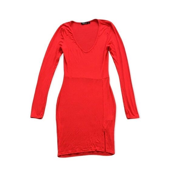 🆕Boohoo Long Sleeve Split Front Red Mini Dress - Picture 5 of 7